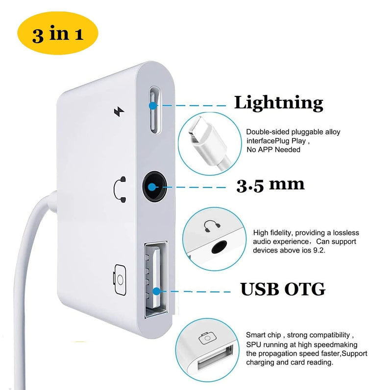 [Australia - AusPower] - USB to iPhone/iPad Adapter,[Apple MFi Certified] iPhone USB Camera Female OTG Adapter with 3.5mm Aux Jack and Lightning Charging Port for iPhone 13 12 11 X 8 7 6,Support USB Flash Drive,MIDI Keyboard 