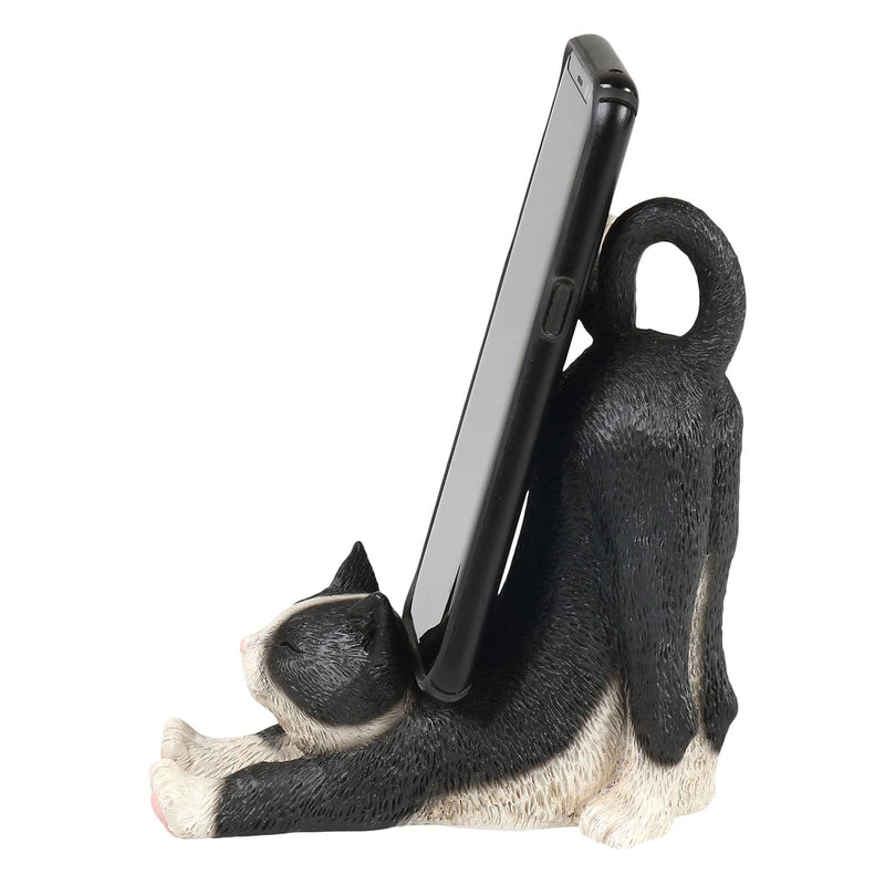 [Australia - AusPower] - What On Earth Cat Mobile Phone Holder - Sculpted Resin Kitty Shaped Cellphone Stand - 6"L - Black Tuxedo Cat Black Cat 