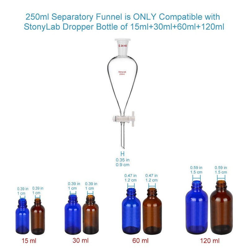 [Australia - AusPower] - StonyLab Borosilicate Glass 250ml Heavy Wall Conical Separatory Funnel with 24/29 Joints and PTFE Stopcock - 250ml 250 mL 