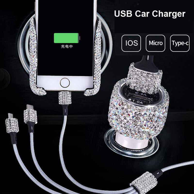 [Australia - AusPower] - Bling Car Charger Accessories Set,Rhinestone Dual USB Car Chargers + Bling 3 in1 Nylon Braided Charging Cable,Bling Crystal Decoration Car Accessories Kits for Girl and Women (Silver) Silver 