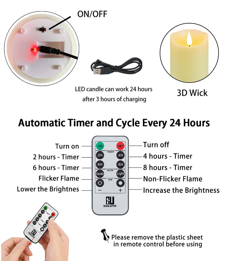 [Australia - AusPower] - Guluto Flameless Candles with Rechargeable Battery, 3" x 6", Set of 2, Electronic Candles with Remote and Timer, led Pillar Candles Real Wax 3D Wick, led Ivory Candles for Home, Wedding, Birthday Set of 2,D3" x H6" with Remote 