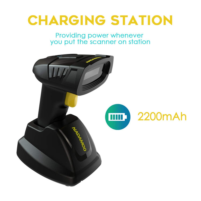 [Australia - AusPower] - NADAMOO Wireless Barcode Scanner with Charging Cradle, Read 1D, 2D, QR Code, Data Matrix, PDF417, 400m Transmission Distance, 2200mAh Rechargeable Battery, Cordless CMOS Image Reader for Computer 