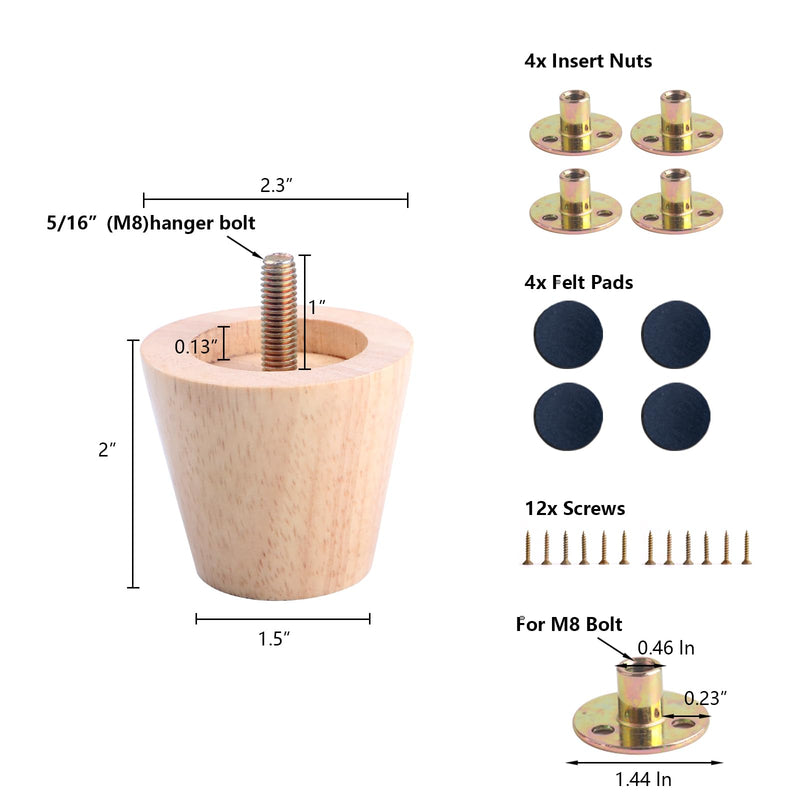[Australia - AusPower] - 2 Inche Wood Furniture Legs Sofa Legs Pack of 4 Round Couch Legs Replacement Legs for Coffee Table Dresser Cabinet Sofa Couch Dresser Chair Ottoman Table,(Wood) 2inch 
