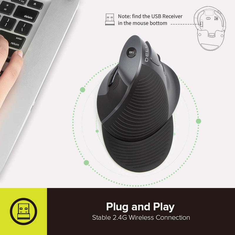 [Australia - AusPower] - DELUX Upgrade Rechargeable Ergonomic Vertical Mouse, 2.4G Optical Wireless Ergo Silent Mouse with USB Receiver, 6 Buttons, 3 Gear DPI and Removable Palm Rest Reduce Muscle Strain (M618G GX-Black) M618G GX 2.4G Wireless 1600DPI 