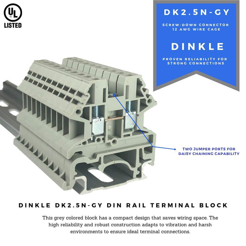 [Australia - AusPower] - Dinkle UL Gray DIN Rail Terminal Block Kit 20 DK2.5N 12 AWG Gauge 20A 600V Ground DK4N-PE Jumper DSS2.5N-10P End Covers End Brackets Grey 