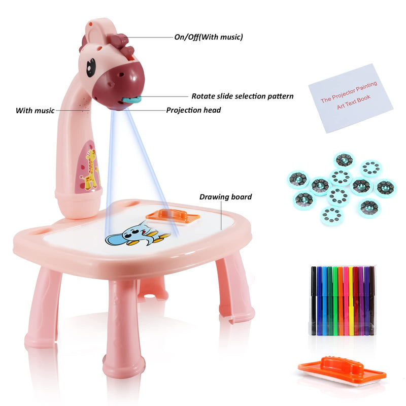 [Australia - AusPower] - Giraffe Projector Drawing Board, Trace and Draw Projector Toy with Light & Music, Kids Smart Projector Sketcher Table, Learning Projection Painting Machine for Boy Girl 3-8 Years Old(Pink) pink giraffe 