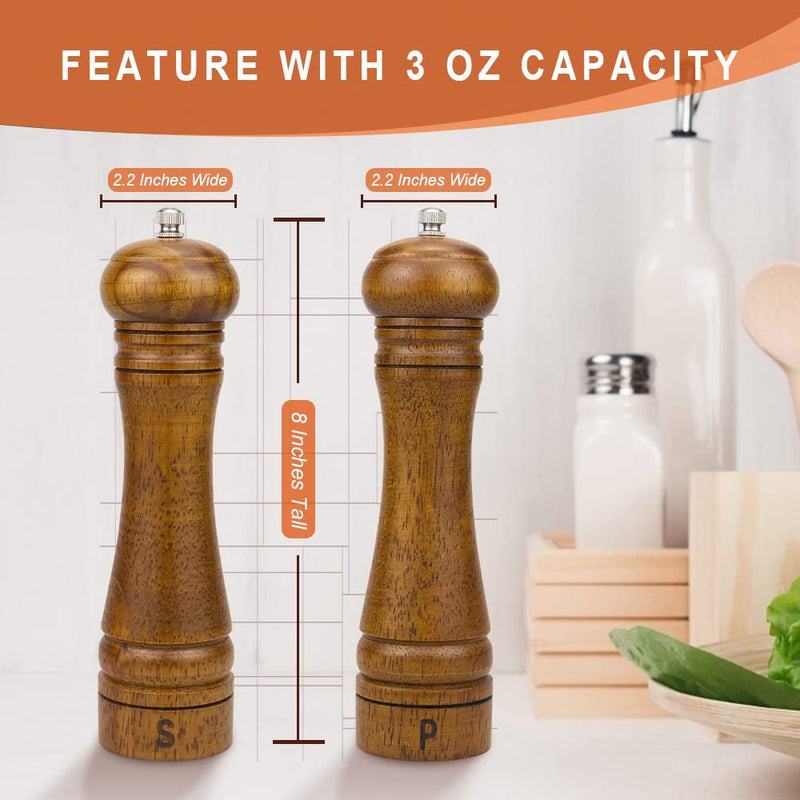 [Australia - AusPower] - XQXQ Wood Salt and Pepper Mill Set, Pepper Grinders, Salt Shakers with Adjustable Ceramic Rotor- 8 inches -Pack of 2 