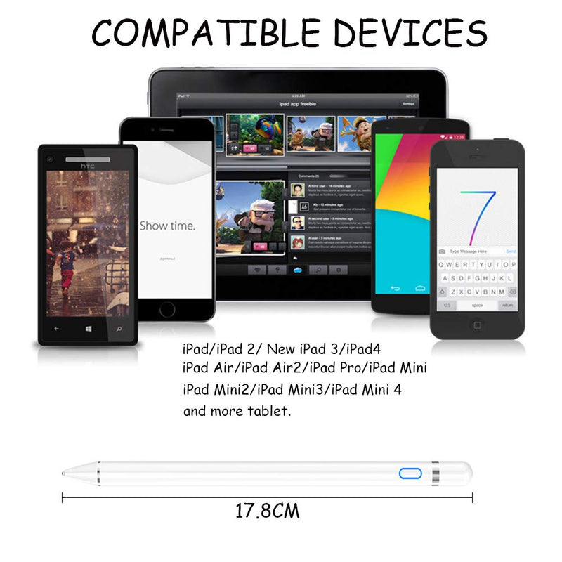 [Australia - AusPower] - Stylus Pen for iPad, iPad Pencil Compatible for iOS, Android, iPad Air/Pro/Mini 2/3/4 and More, Rechargeable Pen for Tablet (White) pen-white 