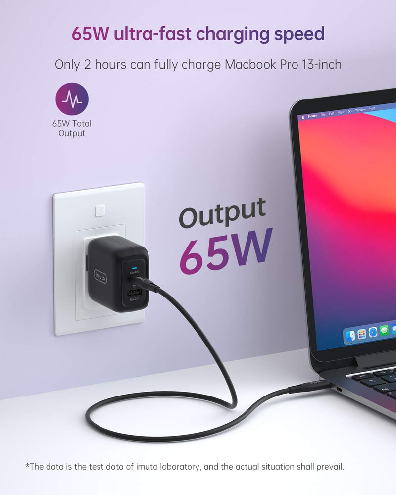 [Australia - AusPower] - USB C Charger 65W Fast Wall Charger, imuto PD3.0 & GaN Tech 2-Port Type C +USB Power Adapter Compact Foldable Travel Charger for iPhone 12 Mini Pro Max, MacBook Pro, Galaxy, Switch and More GAN-65W 