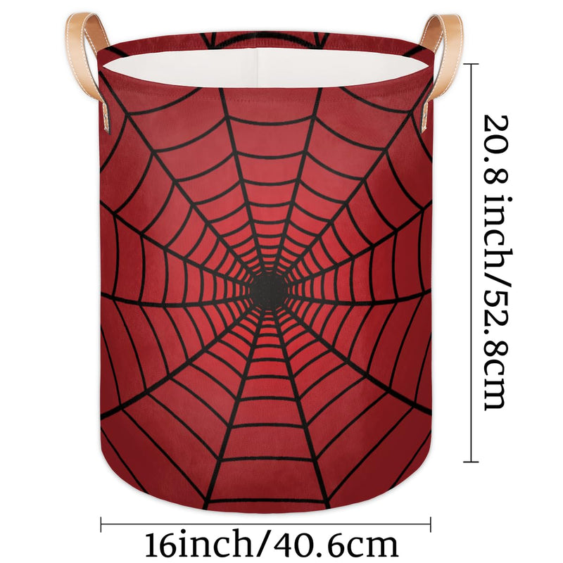 [Australia - AusPower] - Large Laundry Hamper Basket Red Spider Web Round Freestanding Clothes Basket, Collapsible Storage Organizer Bin with Leather Handles for Dirty Clothes Toys, Nursery Home Storage 16"W x 20"H 