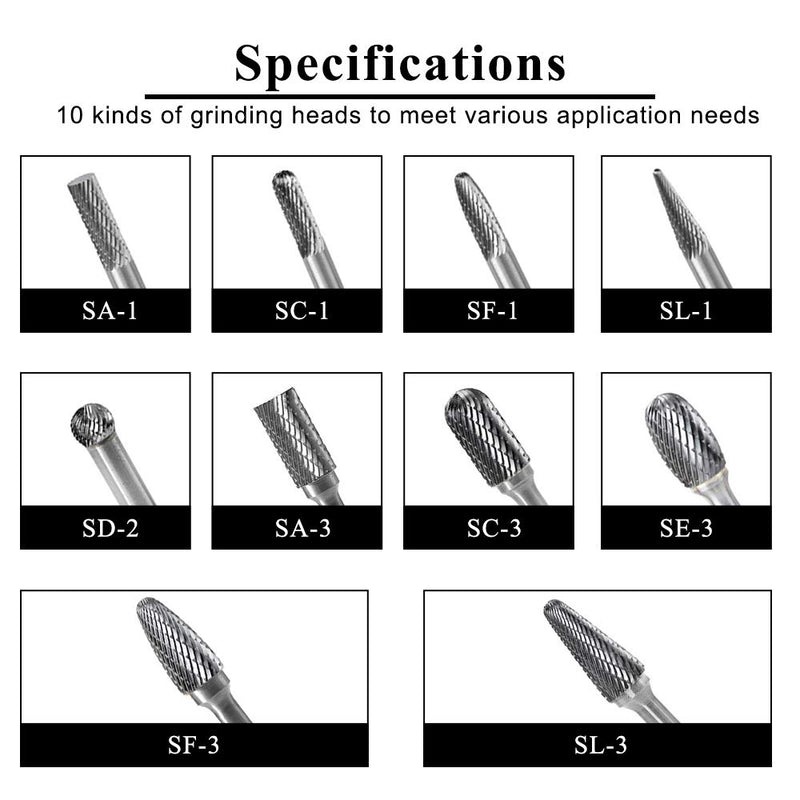 [Australia - AusPower] - YUFUTOL Carbide Burrs Set 10pcs Double Cut Solid Carbide Rotary Burr Set 1/4" Shank Die Grinder Bits for Steel,Metal Carving, Polishing,Engraving,Drilling 