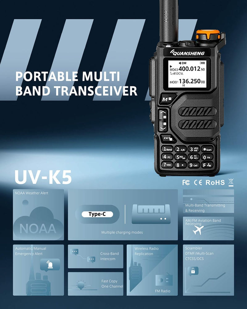 [Australia - AusPower] - QuanshengUVK5 AM/FM/DTMF walkie Talkie 200 Channel Three Frequency Receiving walkie Talkie NOAA Weather Forecast, with Flash VOX Replication Frequency LCD Display for Hiking Camping Trip (1 Piece) 