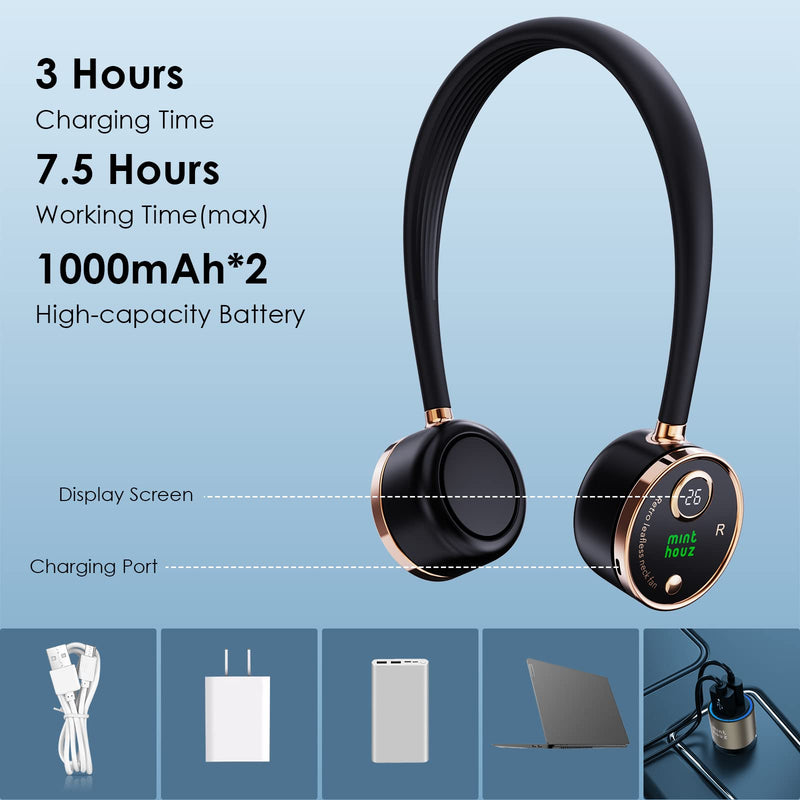 [Australia - AusPower] - Minthouz Portable Neck Fan, USB-C Powered Digital Display Bladeless Fan, 3 Speeds Wearable Personal Fan, 2000mAh Rechargeable Battery Operated Fan for Outdoor, Home, Office - Black 