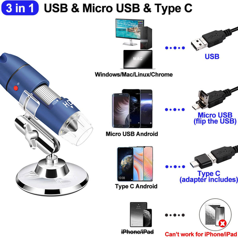 [Australia - AusPower] - Ninyoon 2K USB Digital Microscope for Android PC, 40-1000X Microscope Super HD Endoscope Magnifier Camera Compatible with Android Cellphone and Tablet Windows Mac Chrome Linux - Not for iPhone iPad 