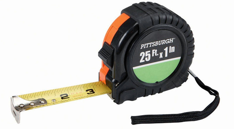 [Australia - AusPower] - Pittsburgh QuikFind Tape Measure ~ 25 Foot by 1 Inch, Easy to Read, High Strength ABS Rubber Wrapped Case (Black with Orange Trim) 