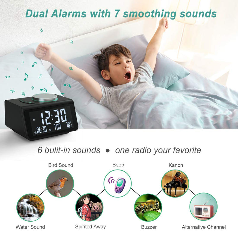 [Australia - AusPower] - 【2022 Newest 】ANJANK Small Digital Alarm Clock Radio - FM Radio,Dual USB Charging Port,Dual Alarm with 7 Alarm Sounds,Adjustable Volume&Brightness Dimmer,Temperature,Battery Backup,Sleep Timer,Bedroom 