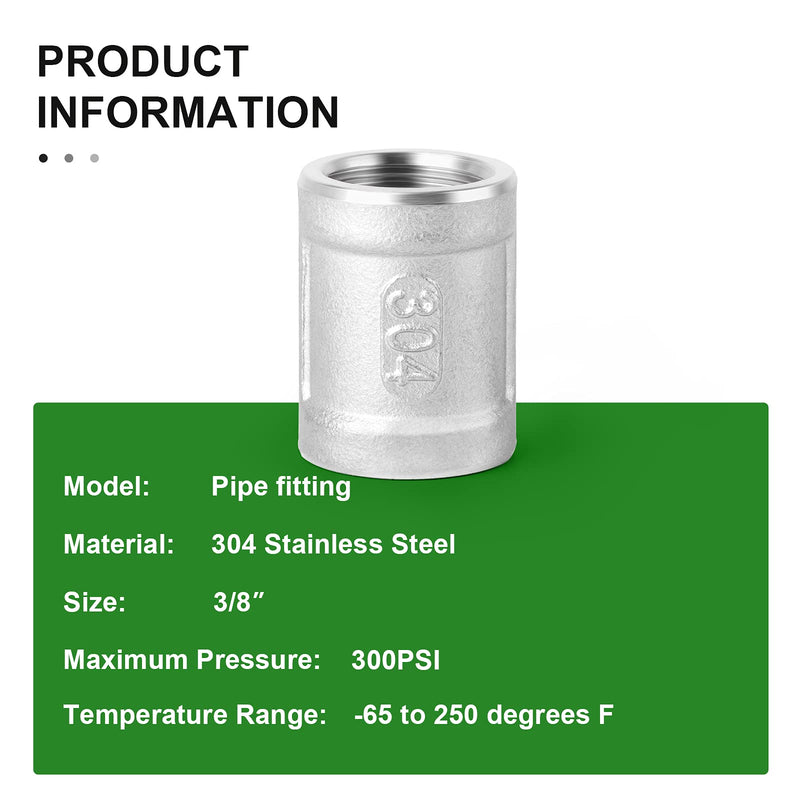 [Australia - AusPower] - TAISHER 5PCS 304 Stainless Steel Cast Pipe Fitting, Coupling, 3/8" x 3/8" Female Threaded 3/8" NPT 5 