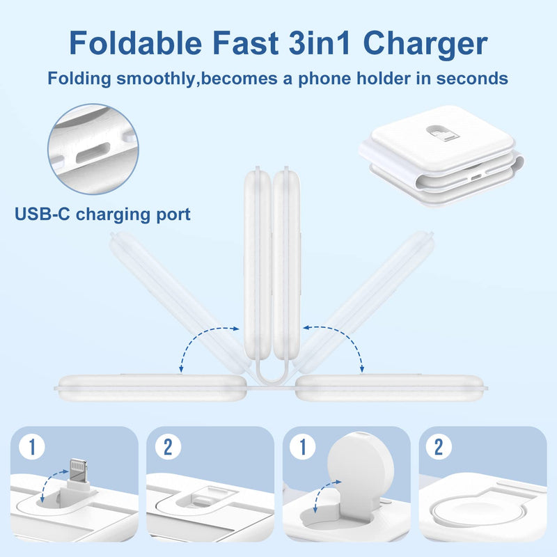 [Australia - AusPower] - 3 in 1 Charging Station for Apple Foldable, iWatch Travel Charger Stand for Multiple Devices, Folding Portable Fast Charge Dock for iPhone 14 Pro Max/13/12/11, Apple Watch 8/7/6/Ultra/SE/5, AirPods 3in1 Charger Station with Cable 