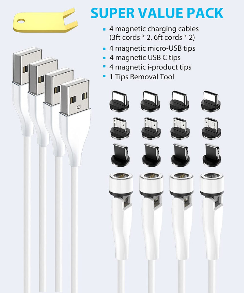 [Australia - AusPower] - Terasako Magnetic Fast Charging Cable 4-Pack [3ft/3ft/6ft/6ft], 3A Phone Charger Cable with Data Transfer and LED Light, 360°& 180° Rotating Cords Compatible with Micro USB, USB C and iProduct White 