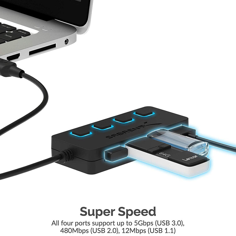 [Australia - AusPower] - SABRENT 4-Port USB 3.0 Hub with Individual LED Lit Power Switches, Includes 5V/2.5A Power Adapter (HB-UMP3) 