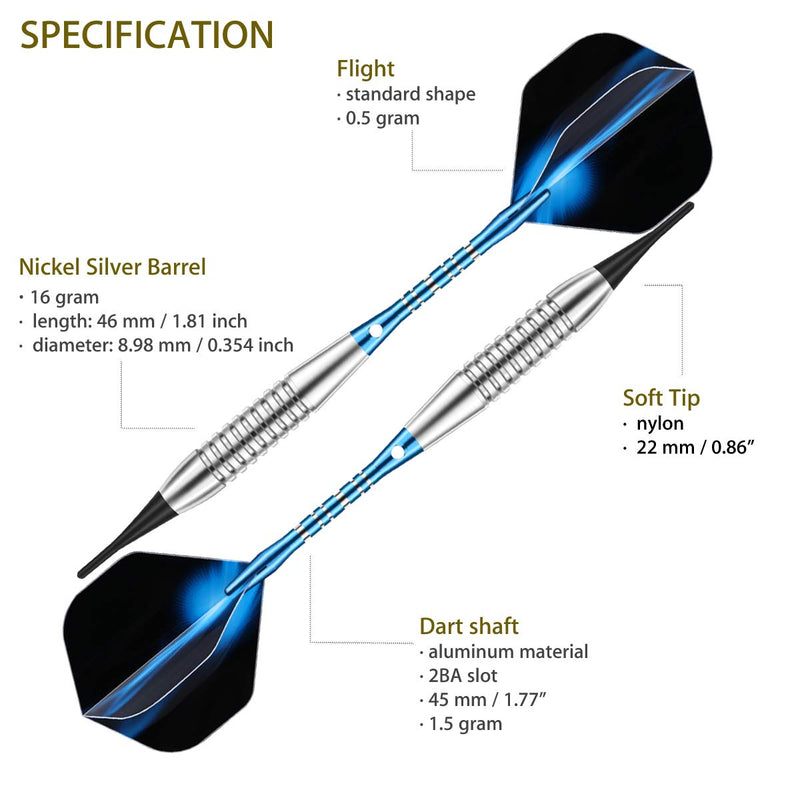 [Australia - AusPower] - sanfeng Darts Plastic Tip Set - 18g Soft Tip Darts - Nickel Plated Silver Dart Barrel 16 Grams + 50 Anti-Loose O-Rings + 6 Shaft (Aluminum/Nylon 45mm) + 6 Flights + Extra 50 Soft Tips Electronic Dart Blue-DARTB 