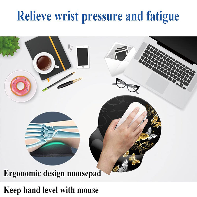 [Australia - AusPower] - Boutilon Wrist Mouse Pad, Non-Slip Ergonomic Mouse Pad with Gel Wrist Rest Support, Gaming Mouse Pad 8.7 x 7.5 inches Pad for Computer, Laptop, Home, Office (Golden Butterfly) A-Golden Butterfly 