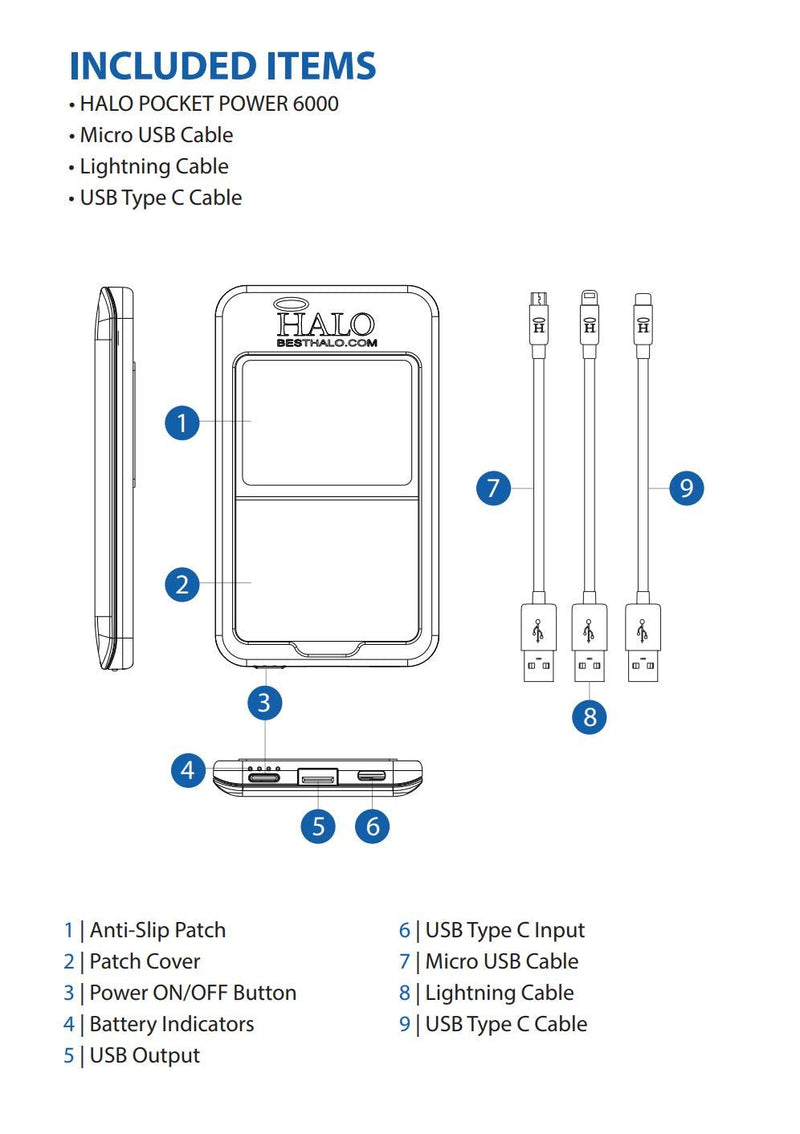 [Australia - AusPower] - HALO - Pocket Power 6000 Portable Charger Power Bank for Phone - High-Speed TSA Approved 6000mAh Battery Pack - Standard USB Output and Micro USB Cable, Lightning Cable, USB Type C Cable - Platinum 