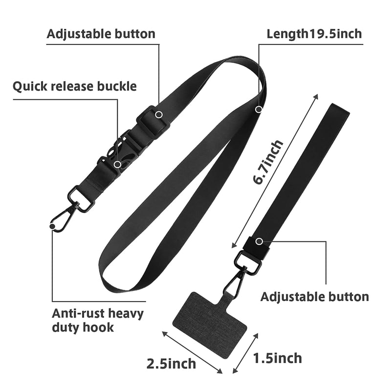 [Australia - AusPower] - Universal Phone Lanyard with Durable Glittering Patch Cell Phone Lanyard with Phone Tether Phone Strap Compatible with All Smartphones(Pure black) Pure Black 