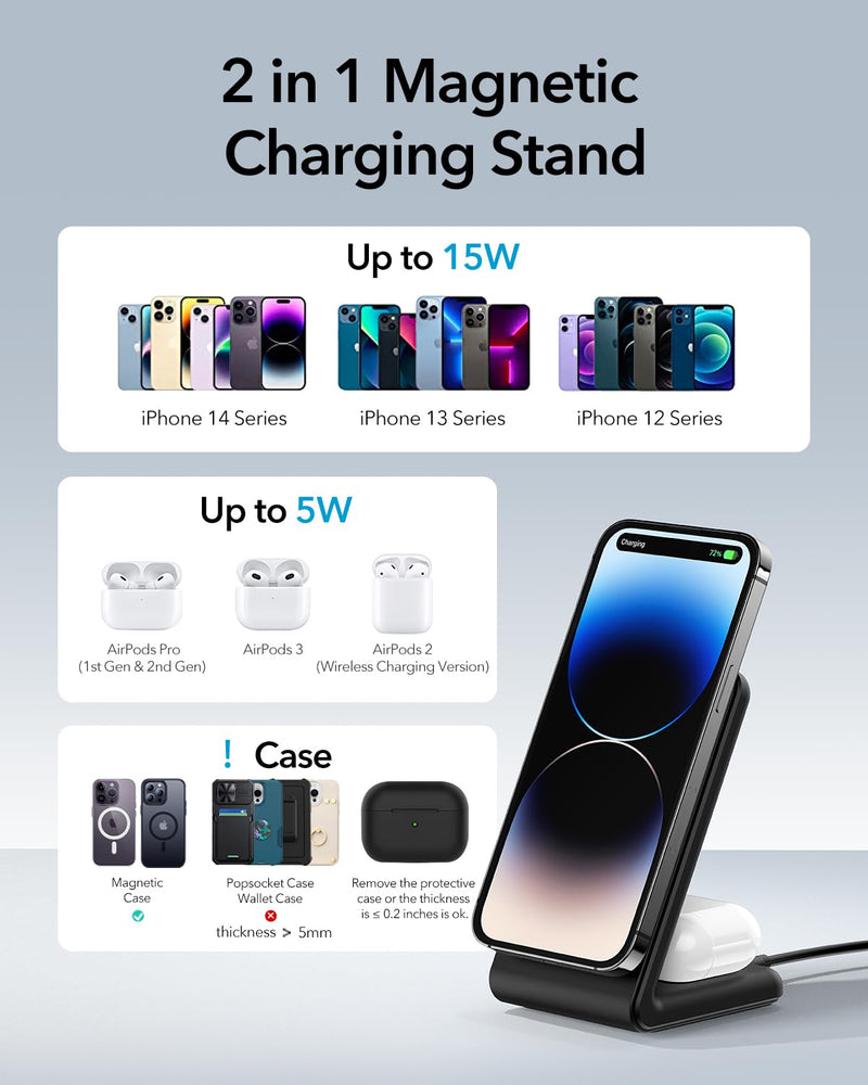 [Australia - AusPower] - Meifigno 2-in-1 Magnetic Wireless Charger, Fast Charging with PD3.0 20W USB-C Adapter & Charging Cable MagSafe Charger Stand for iPhone 14 13 12 Pro Max Plus Mini, AirPods 3/Pro 2/Pro, Black 