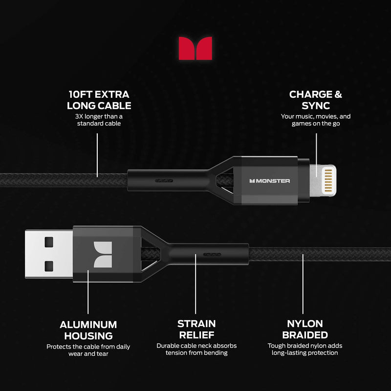 [Australia - AusPower] - Monster Nylon-Braided 6 or 10 Ft iPhone Charging Cable, Lightning to USB-A (Works w/iPhone SE/11/11 Pro/11 Pro Max/XS/XS Max/XR/X/8/8 Plus/7/7 Plus/6/6 Plus, iPad, iPad Pro, AirPods) (10 Ft, Black) 