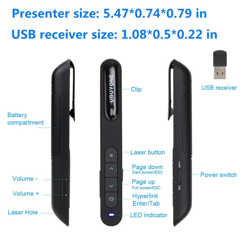 [Australia - AusPower] - UBUYONE Wireless Presenter Remote Presentation Pointer Clicker with Hyperlink&Volume Control USB PowerPoint Slide Advancer 
