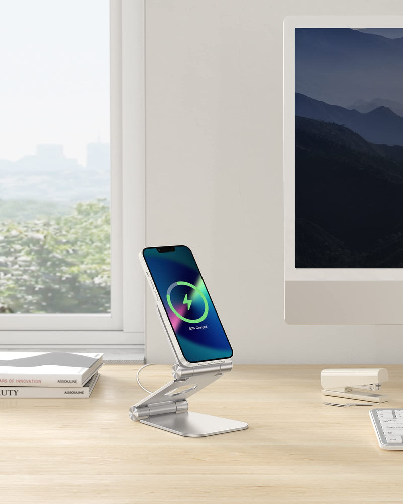 [Australia - AusPower] - Stand for MagSafe Charger, OMOTON Foldable Phone Stand Holder for MagSafe Charger, Magsafe Accessories Designed for iPhone 13/12 Pro Max / Pro / Mini, MagSafe Charger Not Included, Silver 