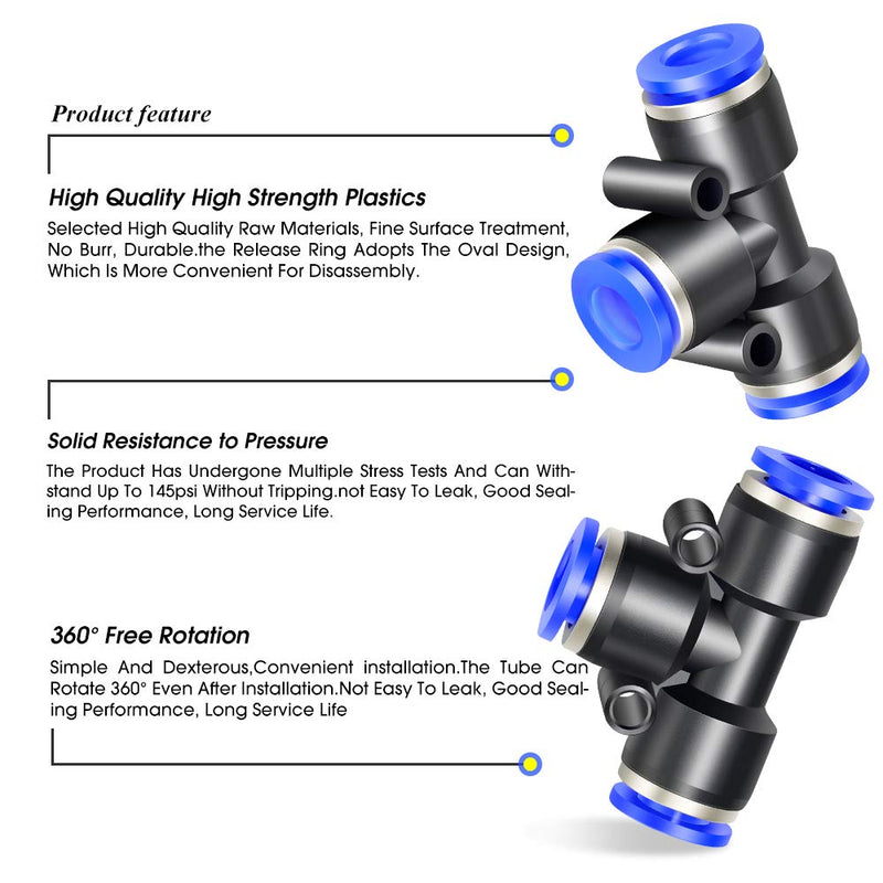 [Australia - AusPower] - TAILONZ PNEUMATIC Blue 3/8 inch OD Tee Plastic Push to Connect Fittings 3 Ways Tube Connect Push Fit Push Lock PE-3/8(Pack of 10) 3/8"OD 
