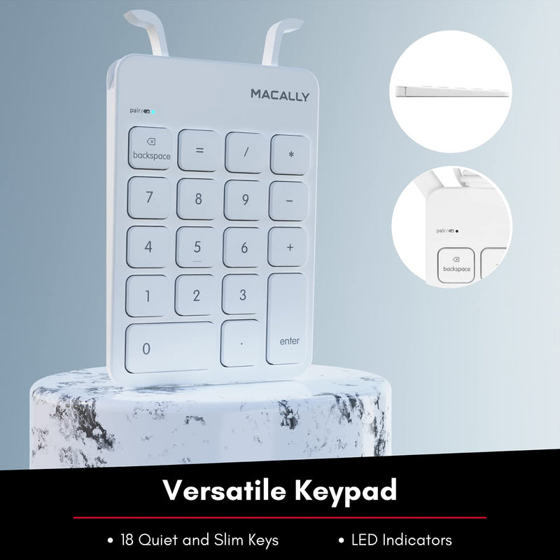 [Australia - AusPower] - Macally Bluetooth Number Pad for Laptop, Apple, Mac, iMac, MacBook Pro/Air, Ipad, Windows PC, Tablet, or Desktop Computer - Rechargeable 18 Key Wireless Numeric Keypad - White Bluetooth 10 Key Numpad 