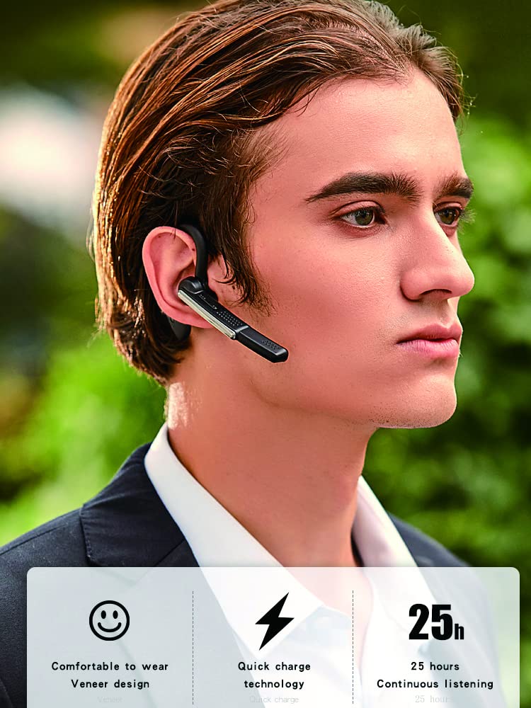[Australia - AusPower] - Wireless Headset Business Earpiece 5.0 Handsfree Call Earphone Super Long Playtime Noise Cancelling Headphone with Microphone Rotating Earhook Compatible with Android iOS Cell Phone Black 