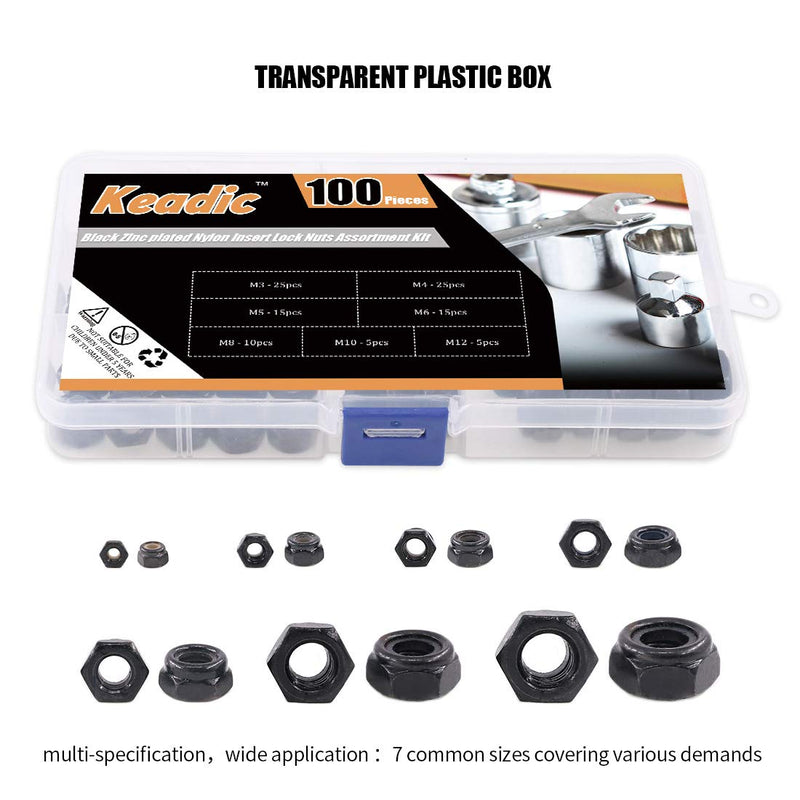 [Australia - AusPower] - Keadic 100 Pieces Metric Black Zinc Plated Nylon Insert Lock Nuts Assortment Kit for Matching Screws or Bolts - 7 Sizes：M3 M4 M5 M6 M8 M10 M12 