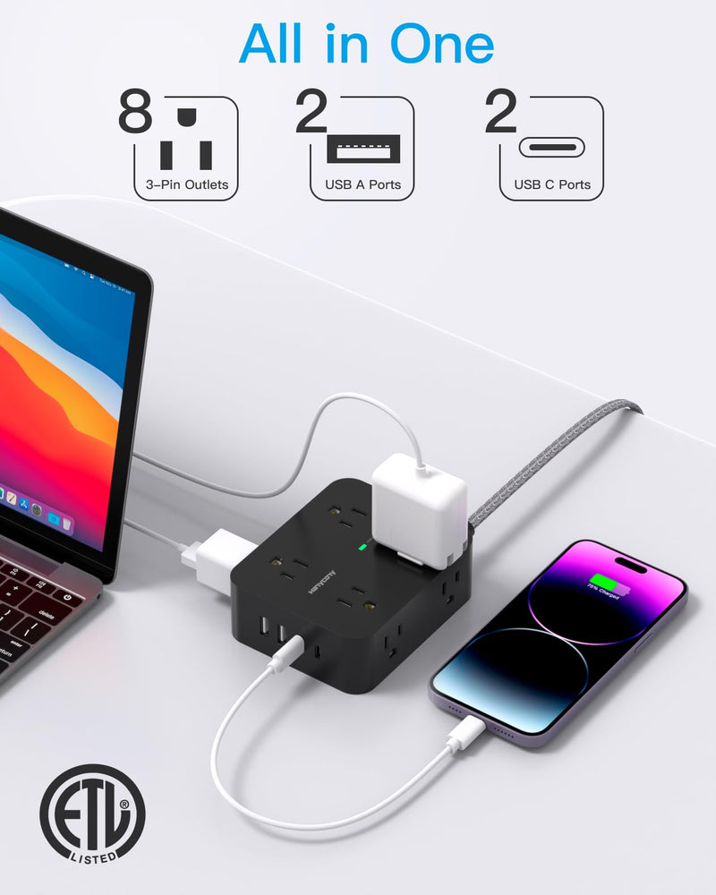 [Australia - AusPower] - Power Strip Surge Protector 10 Ft Cord, Extension Cord Flat Plug with 8 Outlets 4 USB Ports(2 USB C), Wall Mount, Desk Charging Sation for Home Offcie 10Ft Black 