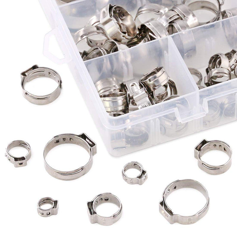 [Australia - AusPower] - Swpeet 120Pcs 8 Sizes 304 Stainless Steel Single Ear Hose Clamps, Crimp Hose Clamp Assortment Kit Ear Cinch Rings Crimp Pinch Fitting Tools Perfect for Automotive, Home Appliance Line 