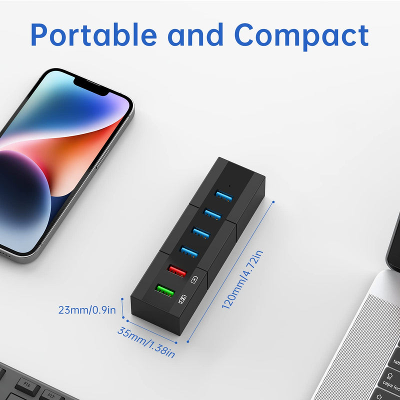 [Australia - AusPower] - Powered USB 3.0 Hub, RAOYI 6 Ports High Speed USB 3.0 Hub Splitter with 24W Power Adapter, 3.3ft Cable and Smart Fast Charger USB Hub for Laptop, PC, Mac, Mobile HDD, Mulitple Devices (Black) 6-Port 24W Black 