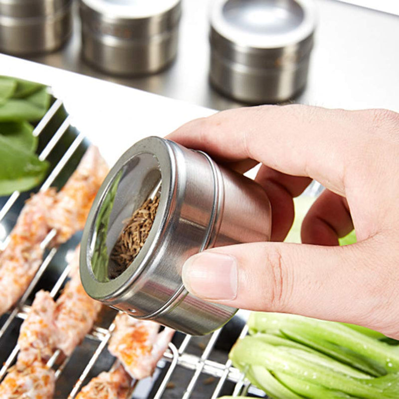 [Australia - AusPower] - 2 Pieces Magnetic Spice Tins Magnetic Spice Jars Multi-Purpose Storage Tin Clear Top Lid with Sift or Pour Organizer Storage Condiment Container 