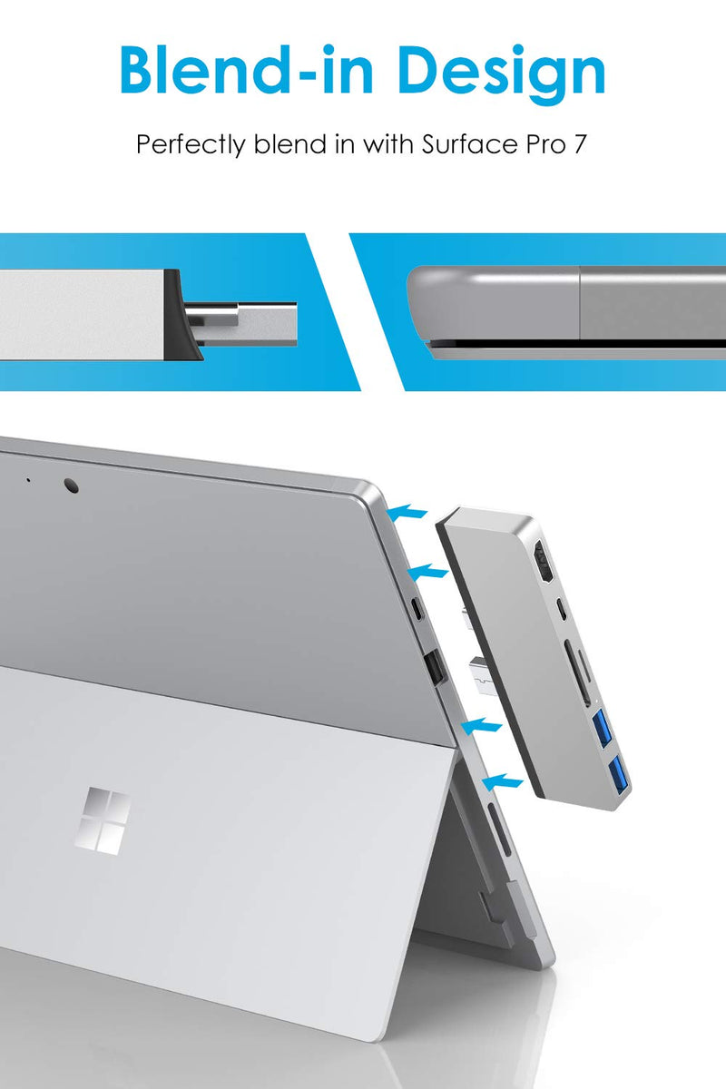 [Australia - AusPower] - LENTION 6-in-1 USB C Hub for Surface Pro 7 Only, with 4K/60Hz HDMI, SD & Micro SD Dual Card Reader, 2 USB 3.0 and 60W Type C Charging Port, Stable Driver Adapter (CB-CS34, Silver) 