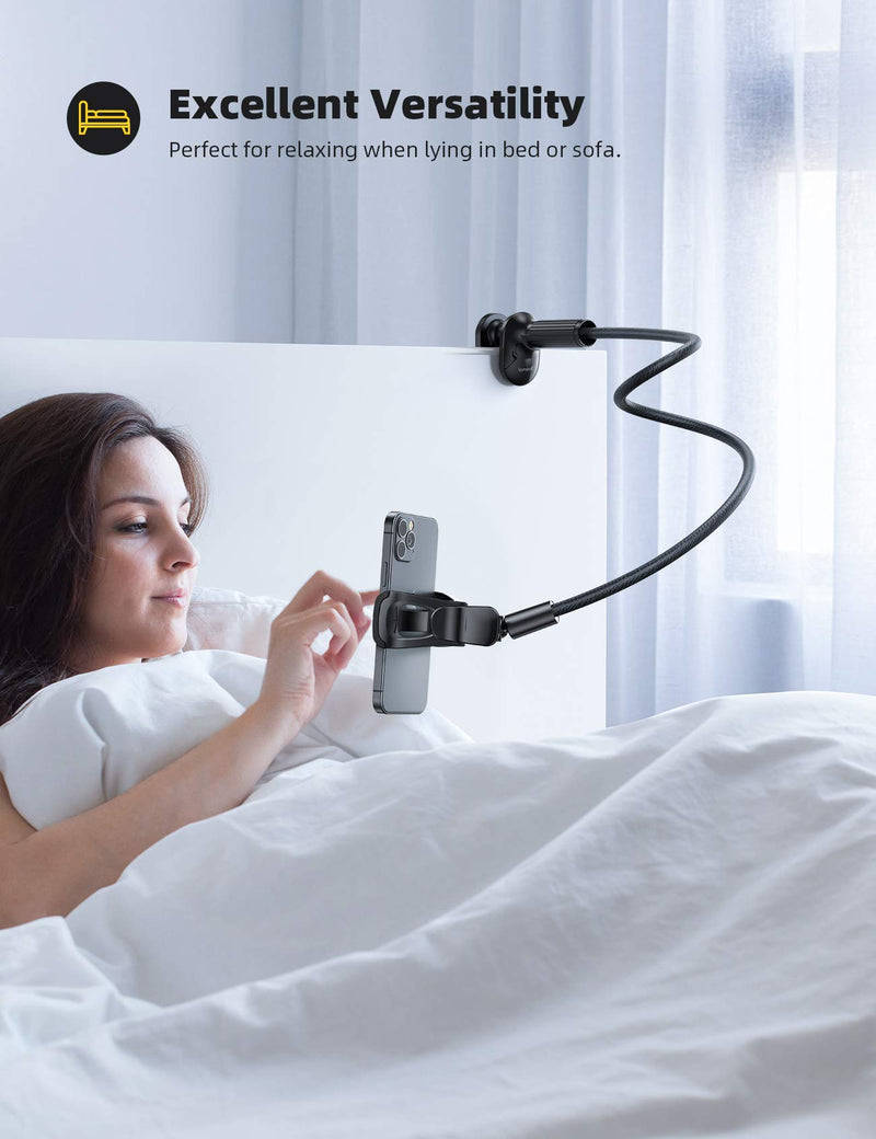 [Australia - AusPower] - Lamicall Gooseneck Phone Holder for Bed - Overall Length 38.6in, Flexible Leather Wrapped Arm, 360 Adjustable Clamp Clip, Overhead Cell Phone Mount Stand for Desk, Compatible with All Cellphone (4-7”) Black 