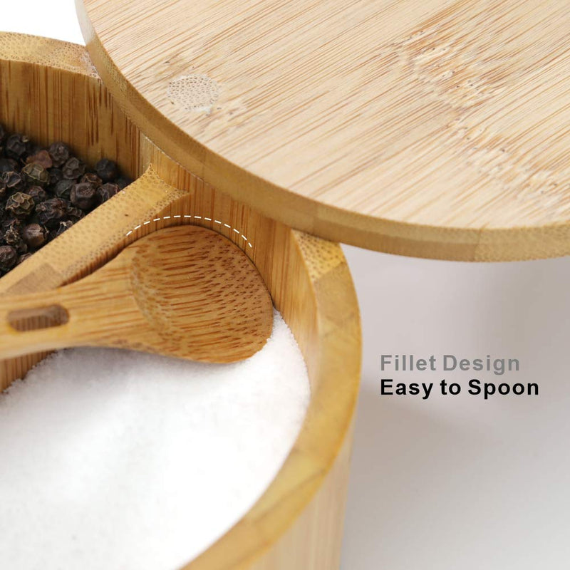 [Australia - AusPower] - KITCHENDAO Bamboo Salt and Pepper Bowl Box - Built-in Serving Spoon to Prevent Lost - Swivel Lid with Magnet to Keep Dry, Dust-free - Salt Cellar Seasoning Container Holder - Dual 7 Ounce Capacity 