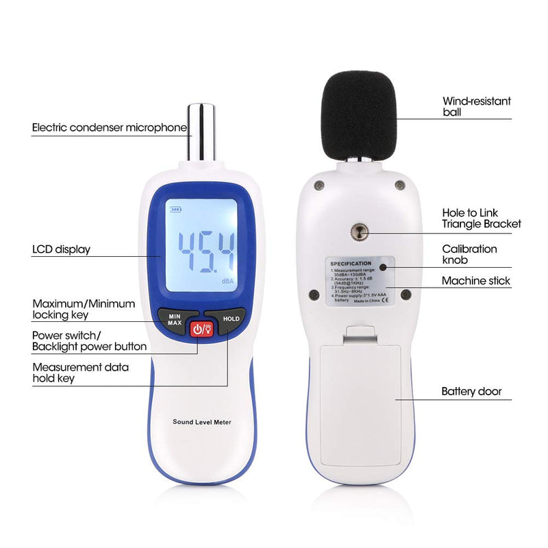 [Australia - AusPower] - Decibel Sound Meter, Hand-Held Sound Level Meter 30dB to 13dB(A), Noise Meter Monitor with Backlight Alert, Noise Level Meter Tool for Home Office Job-site White 