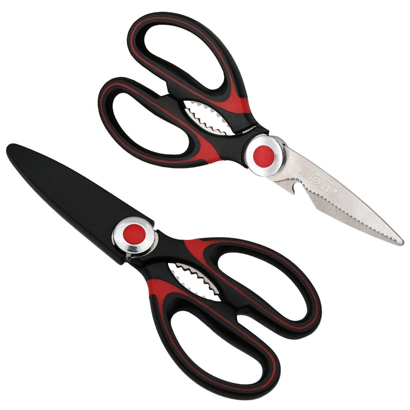 [Australia - AusPower] - KITORY Kitchen Shears Multi-Purpose Kitchen Scissors Ultra Sharp Heavy Duty Sissors with Sheath for Poultry/Chicken/Fish/Meat/Veggies/Office/BBQ Nut cracker Bottle Opener - Red&Black 