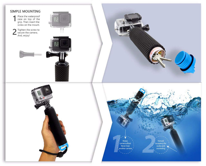 [Australia - AusPower] - Waterproof Floating Hand Grip Compatible with GoPro Hero 10 9 8 7 6 5 4 3+ 2 1 Session Black Silver Camera Handler & Handle Mount Accessories Kit for Water Sport and All Action Cameras (Blue) Blue 
