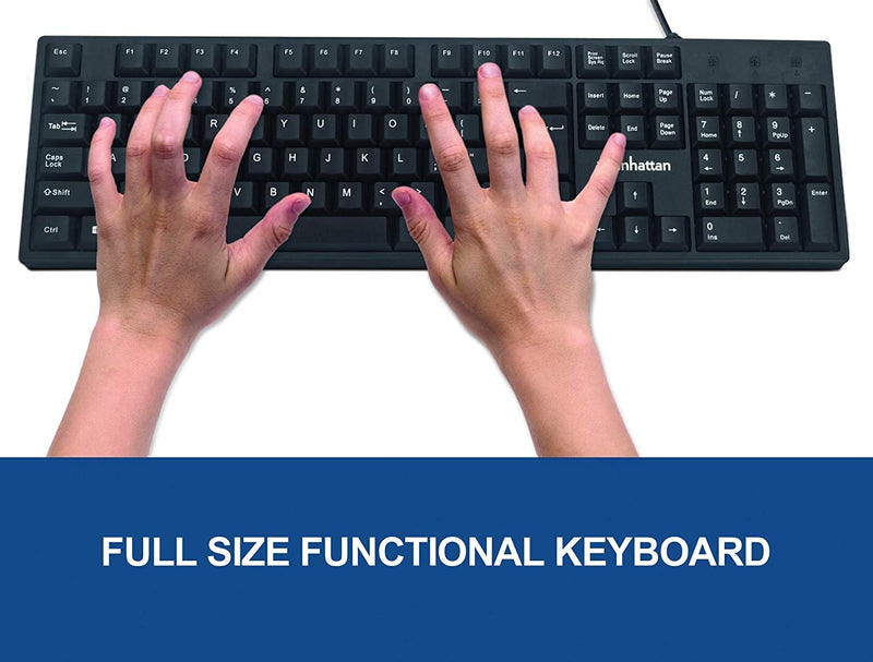 [Australia - AusPower] - Manhattan Wired Computer Keyboard – Basic Black Keyboard - with 4.5ft USB-A Cable, 104-keys, Foldable Stands - Compatible for Windows, PC, Laptop - 3 Yr Mfg Warranty – 179324 