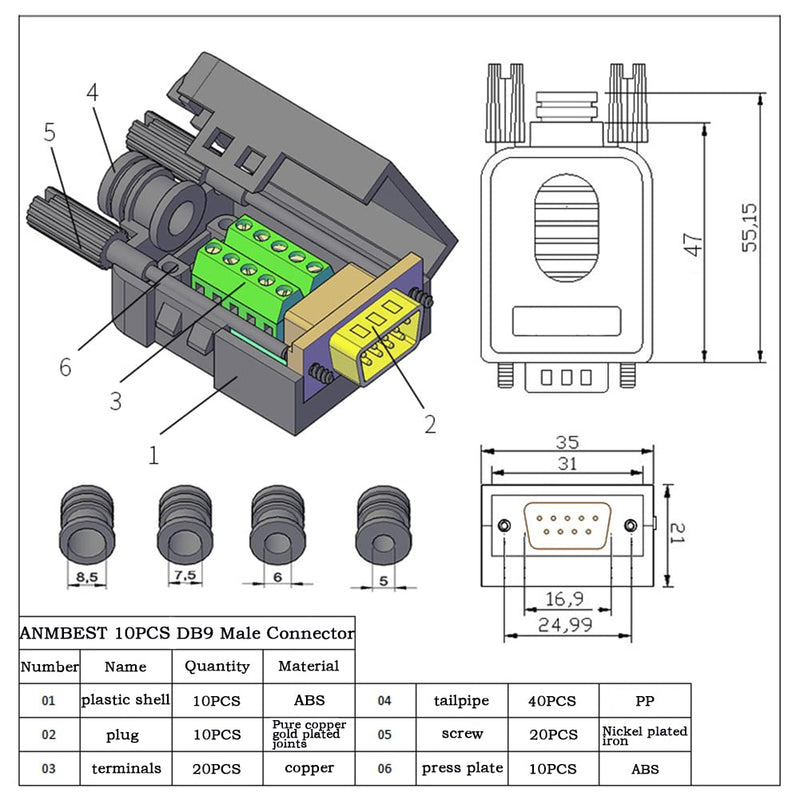 [Australia - AusPower] - ANMBEST 10PCS DB9 Male Breakout Connector,DB9 Solderless RS232 D-SUB Serial to 9-pin Port Terminal Adapter Connector Breakout Board with Case Long Bolts Tail Pipe 10PCS Male Adapter 
