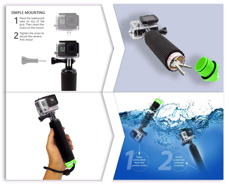 [Australia - AusPower] - Waterproof Floating Hand Grip Compatible with GoPro Hero 10 9 8 7 6 5 4 3+ 2 1 Session Black Silver Camera Handler & Handle Mount Accessories Kit & Water for Water Sport and Action Cameras (Green) Green 