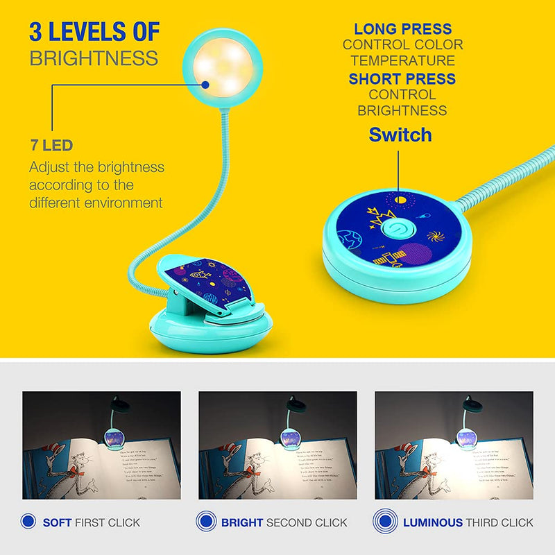 [Australia - AusPower] - Vekkia Cute Rechargeable 7 LED Eye-Care Book Light, Clip on Reading Lights for Reading in Bed, 3 Levels, 1.8oz Super Light Weight, Up to 40 Hours Reading. Great Gift for Kids & Readers (Blue) Blue 